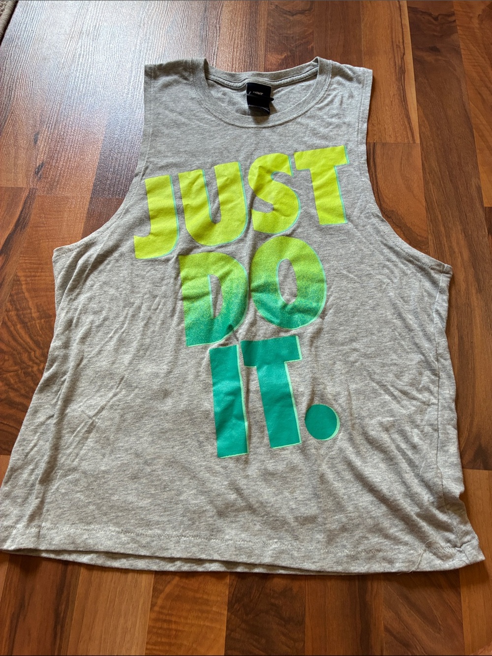 Nike Gray Muscle Tee with Neon Yellow-Green to Teal Ombre "JUST DO IT" Graphic